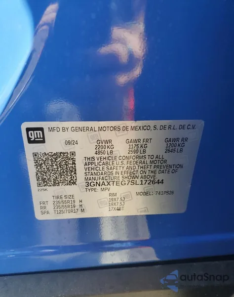 2025 Chevrolet Equinox Rs из США, поврежденный, VIN 3GNAXTEG7SL172644